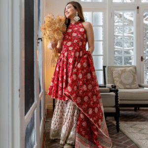 Red Finch Handblock Sharara Set